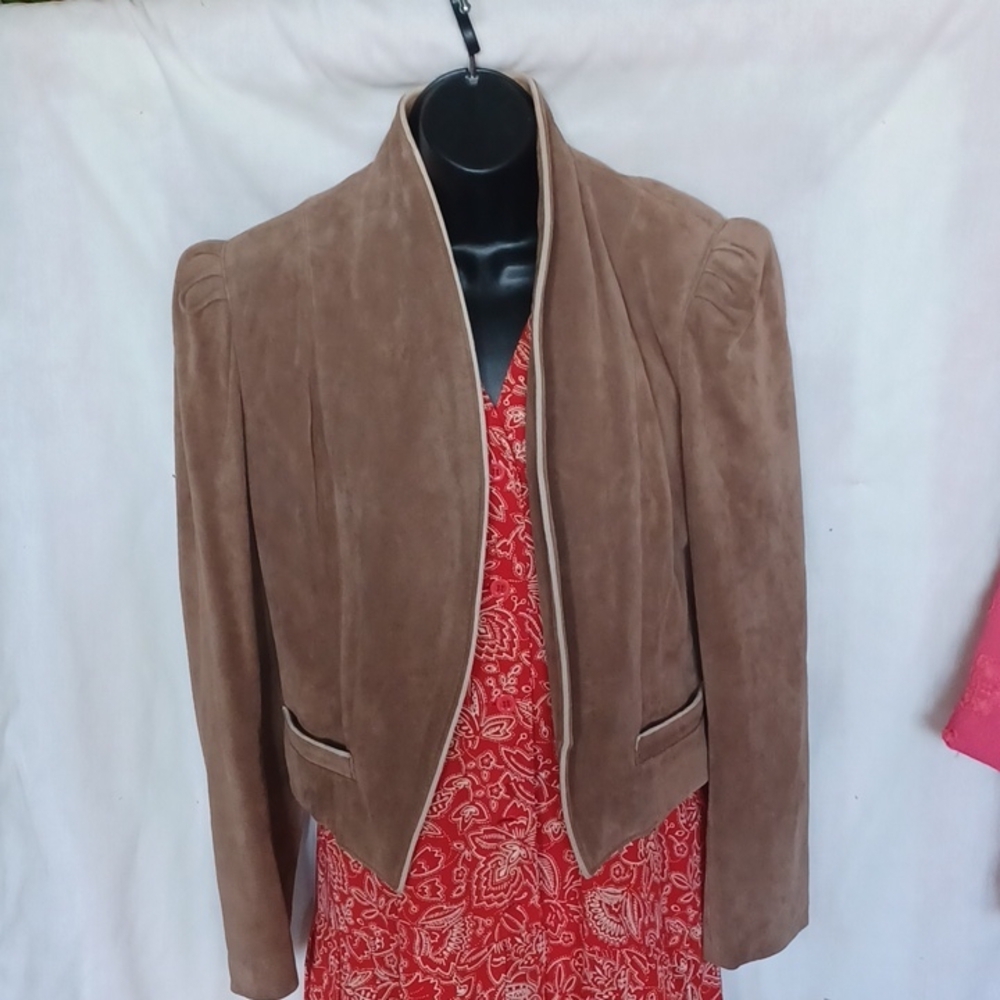 Vintage Split End Ltd Tan Suede Open Front, high collar Jacket Size 11/12